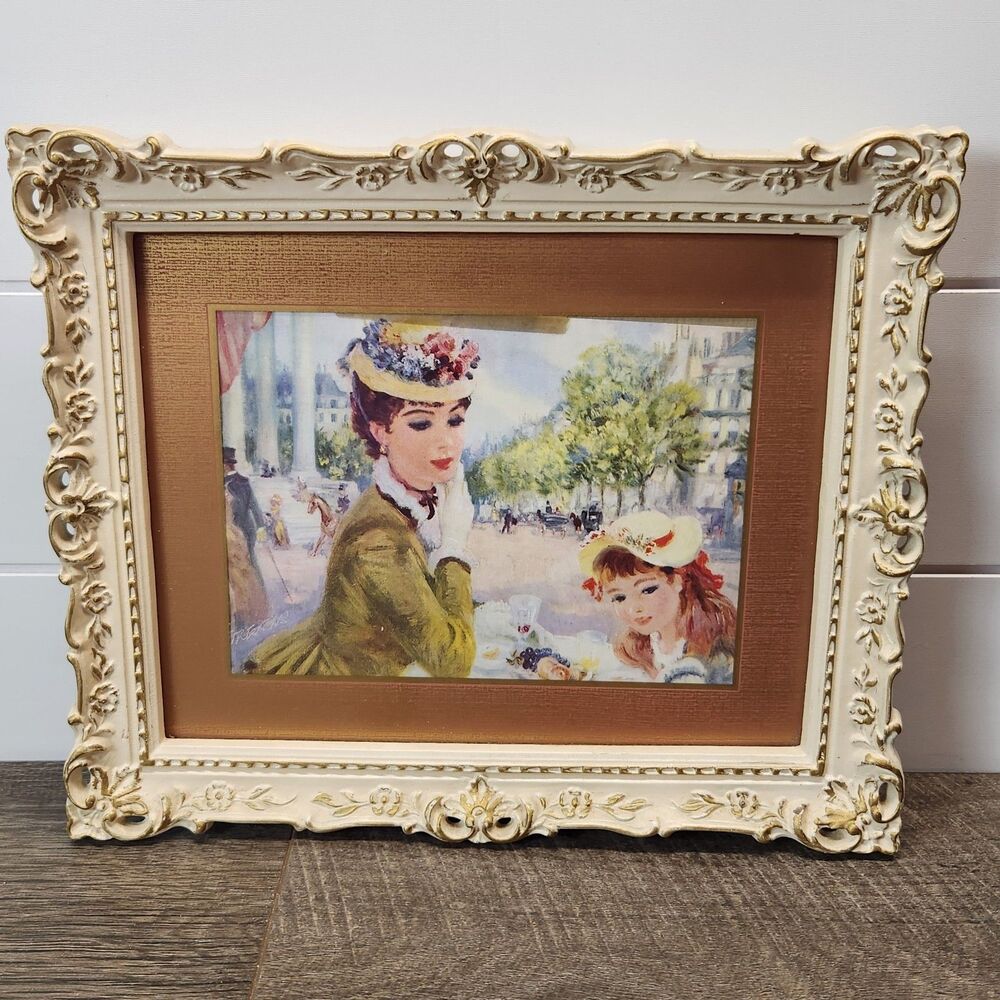 VTG Huldah Framed Print Impressionist Parisian Woman Child 8x10 White Gold